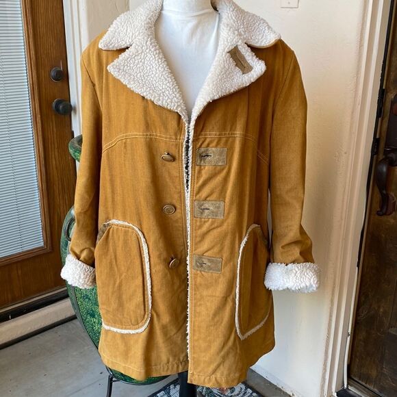 Vintage shearing lined men’s wood button jacket size M/L - Picture 1 of 12